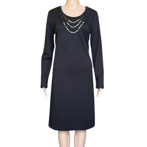 Chadwicks LBD Pearl Lace Necklace Long Sleeve Ponte Knit Black Dress